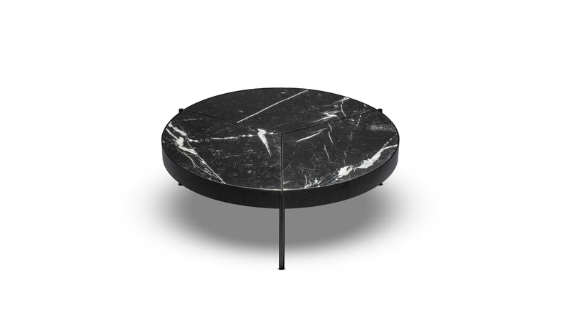 Table basse ronde Ray, en bronze laqué noir et marbre Nero Marquina, Ø100cm