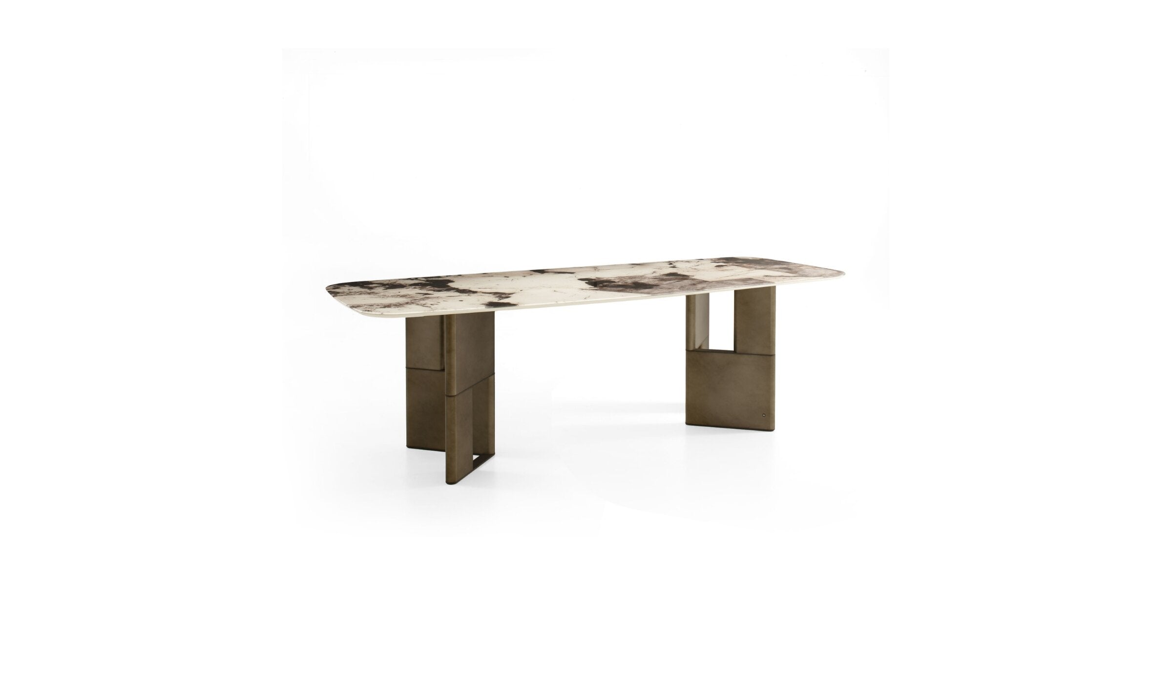 Italian design dining table, printed glass top &amp; oxidized bronze legs