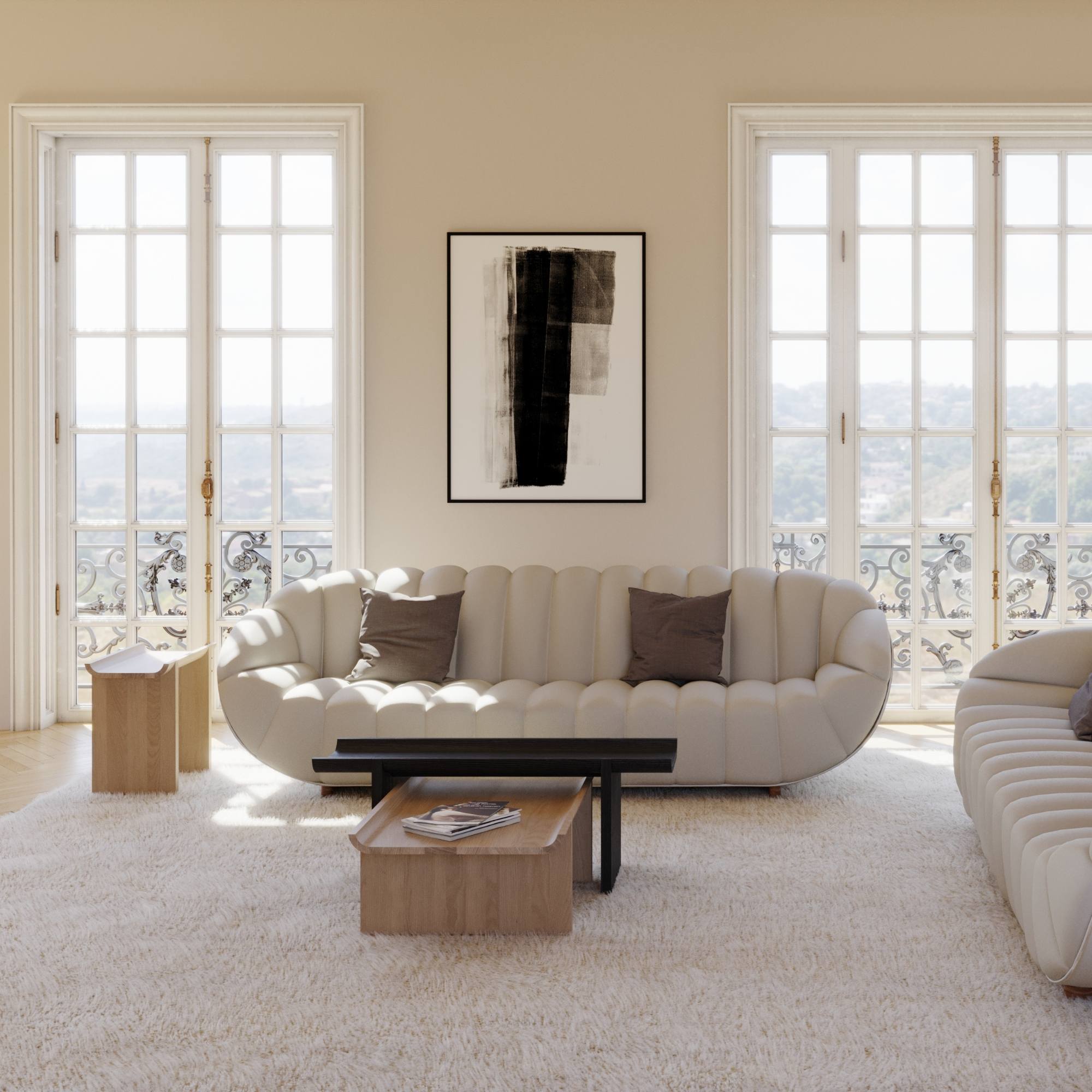 Salon lumineux avec canapé beige, table basse en bois massif et mobilier design, ouvrant sur balcon avec vue dégagée.
