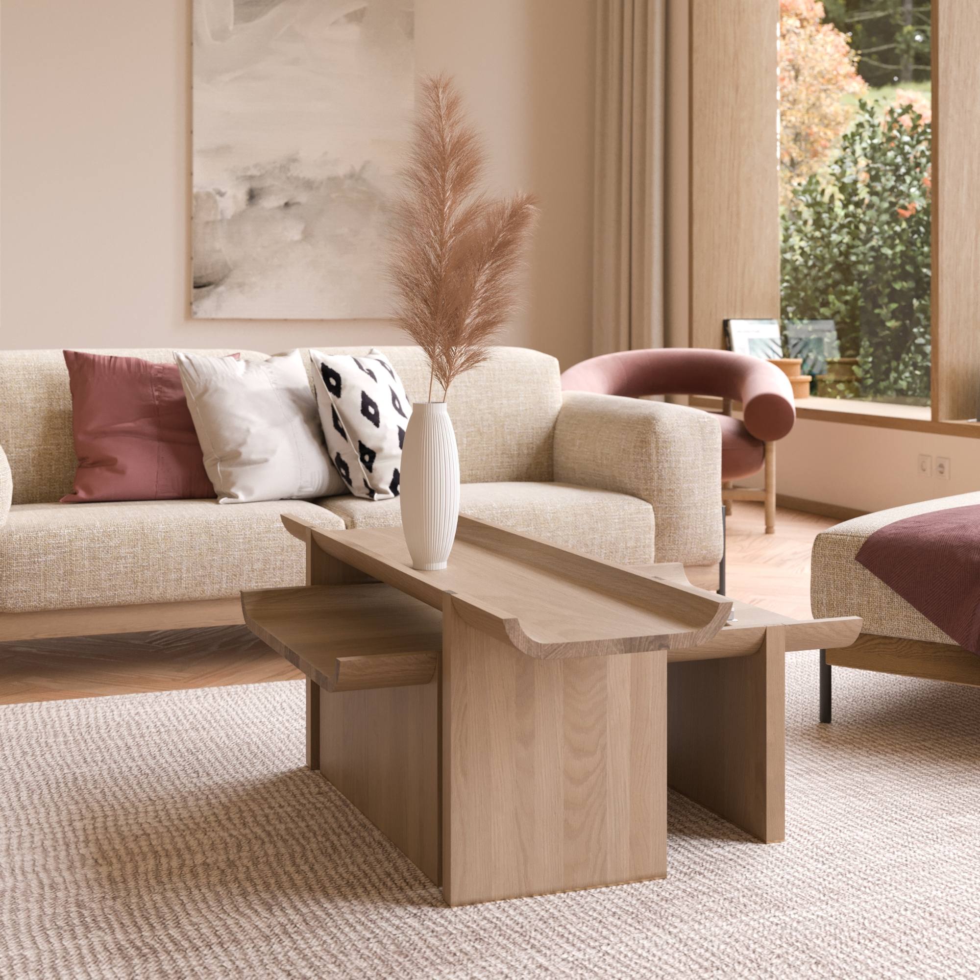 Salon lumineux aux tons doux avec canapé beige, fauteuil rose, grande baie vitrée et déco épurée en harmonie naturelle.