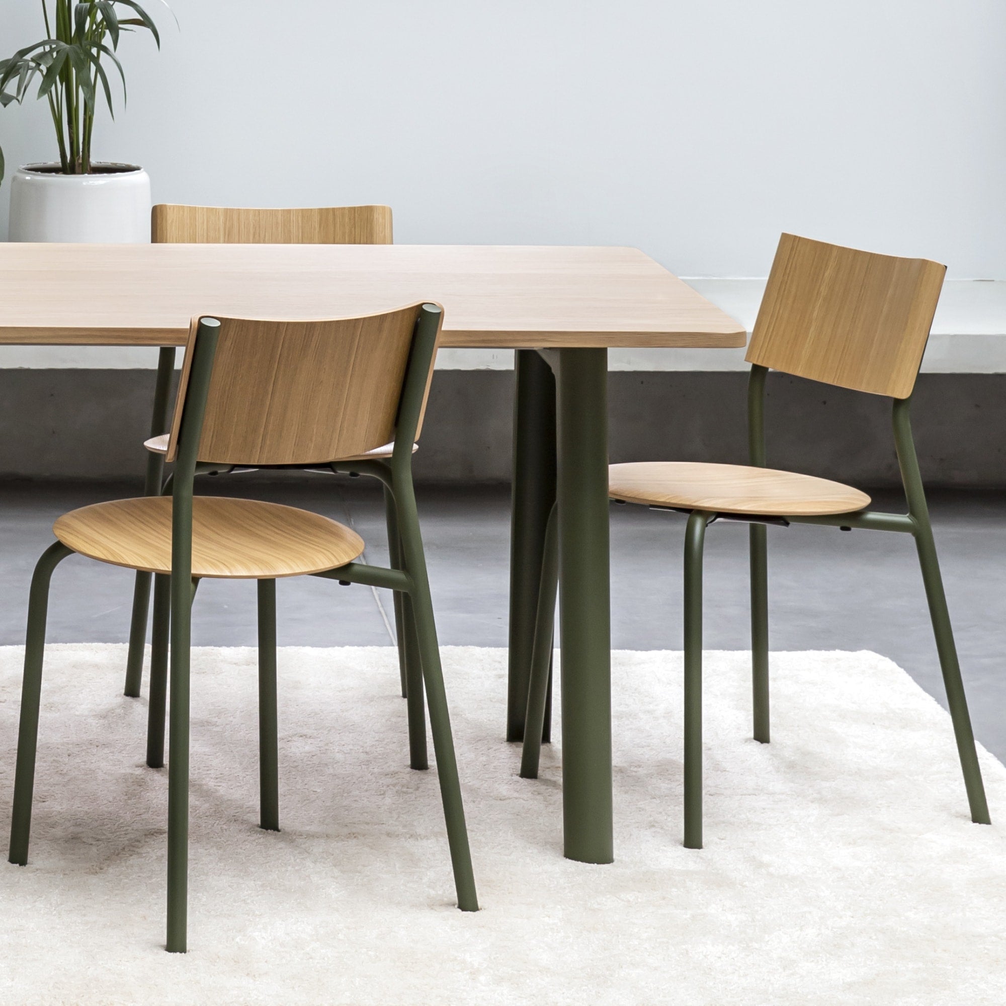 Table New Modern en bois et acier avec chaises SSD, pieds en acier vert, plateau bois clair, chaises assorties dans un environnement intérieur minimaliste, avec un sol en béton et des plantes en arrière-plan.