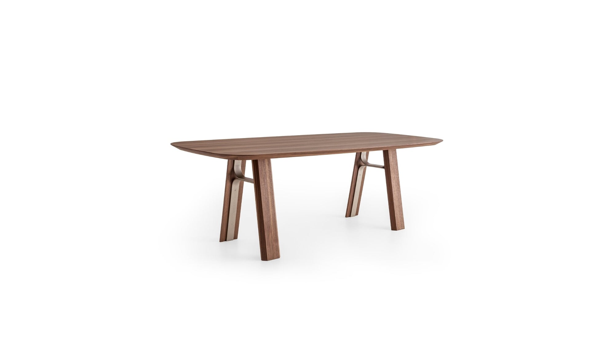 Bridge wood dining table, walnut &amp; champagne metal