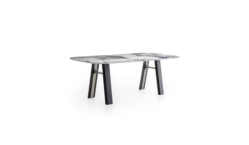 Bridge dining table, in oak, champagne metal &amp; Patagonia printed glass