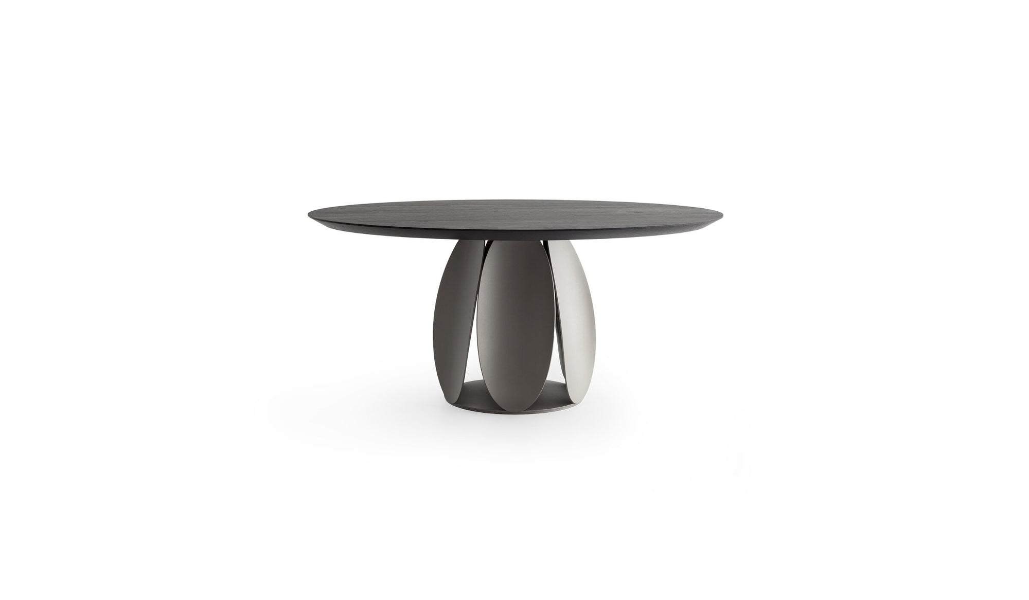 Tulipano round dining table, Italian design, in Laguna oak &amp; champagne metal