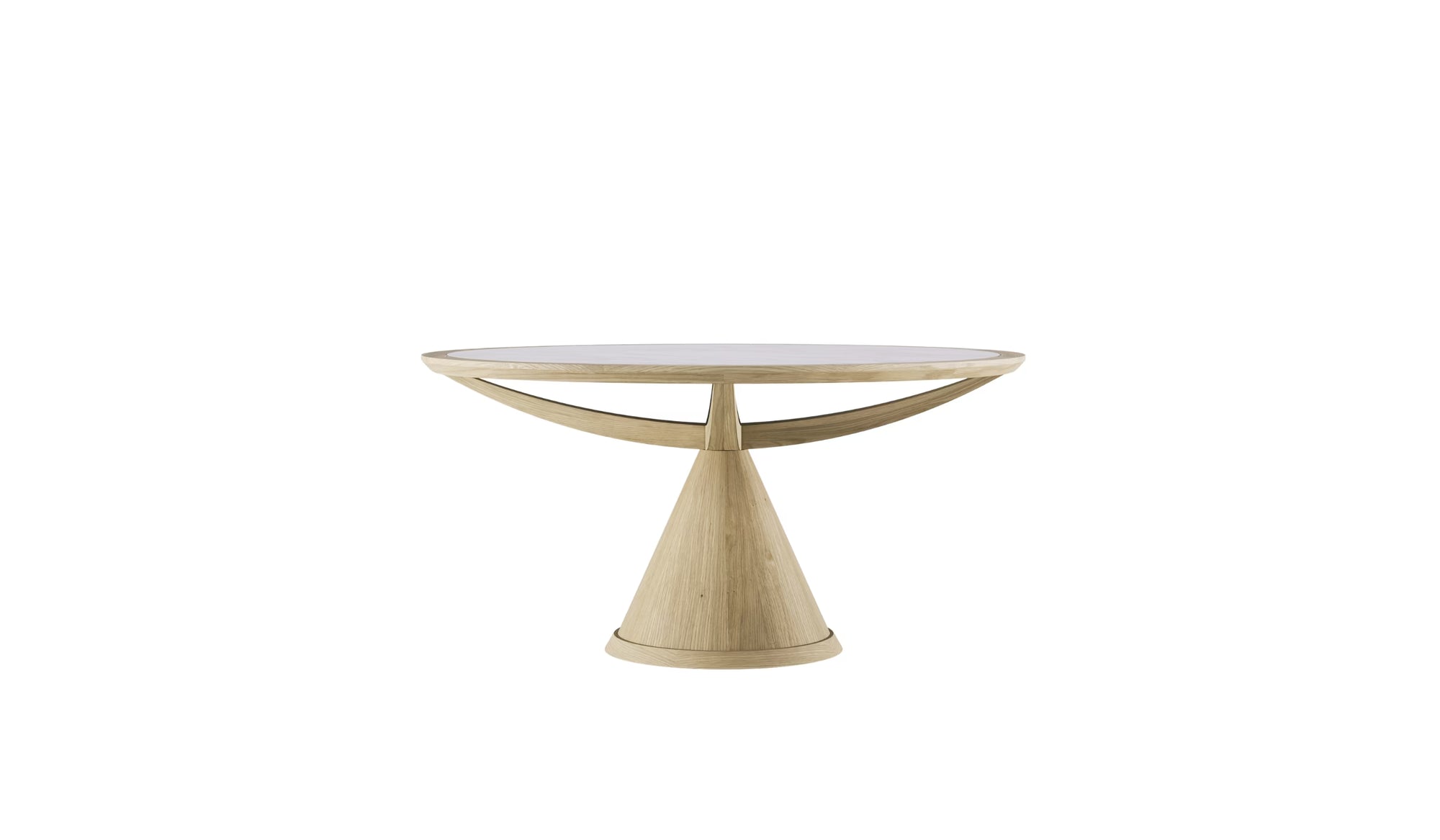 Table ronde Vasco Wewood en chêne massif et céramique, vue de face sur fond blanc, piètement central conique