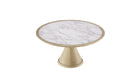 Table ronde Vasco Wewood en chêne et céramique blanche veinée, vue en plongée sur fond blanc, plateau 150 cm