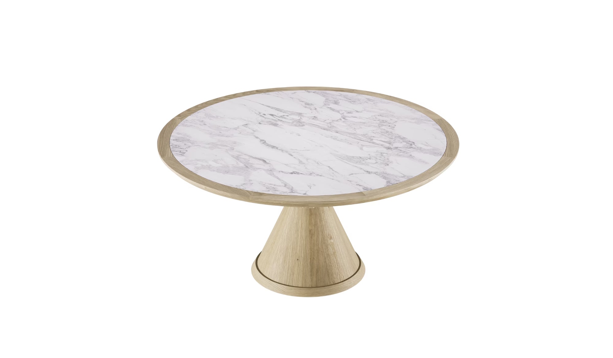 Table ronde Vasco Wewood en chêne et céramique blanche veinée, vue en plongée sur fond blanc, plateau 150 cm