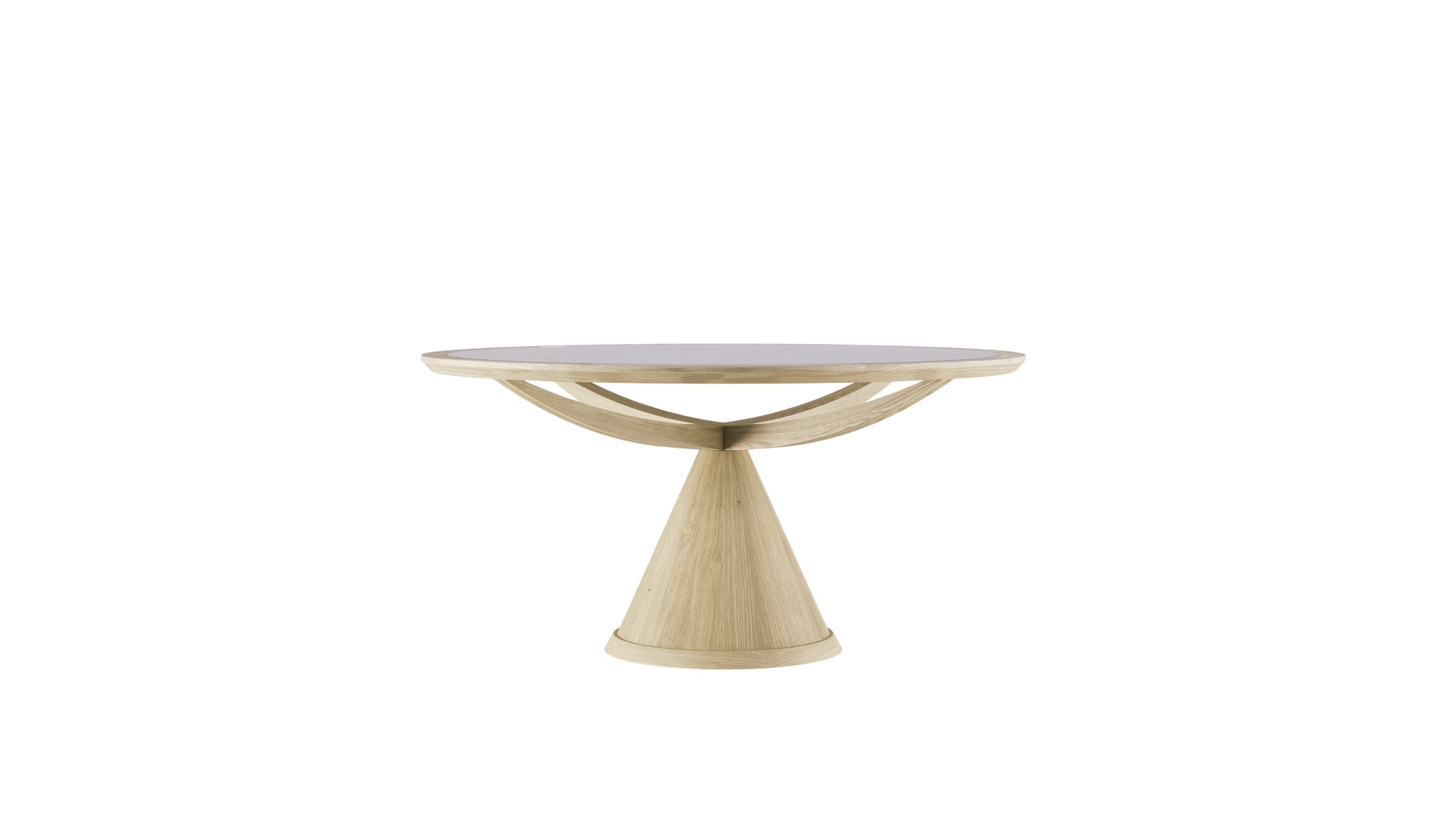 Table ronde Vasco Wewood en chêne et verre transparent, vue de face sur fond blanc, piètement conique et arcs croisés
