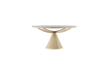 Table ronde Vasco Wewood en chêne et verre transparent, vue de face sur fond blanc, piètement conique et arcs croisés