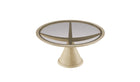 Table ronde Vasco en chêne et verre fumé, vue en plongée sur fond blanc, base conique et structure croisée en bois