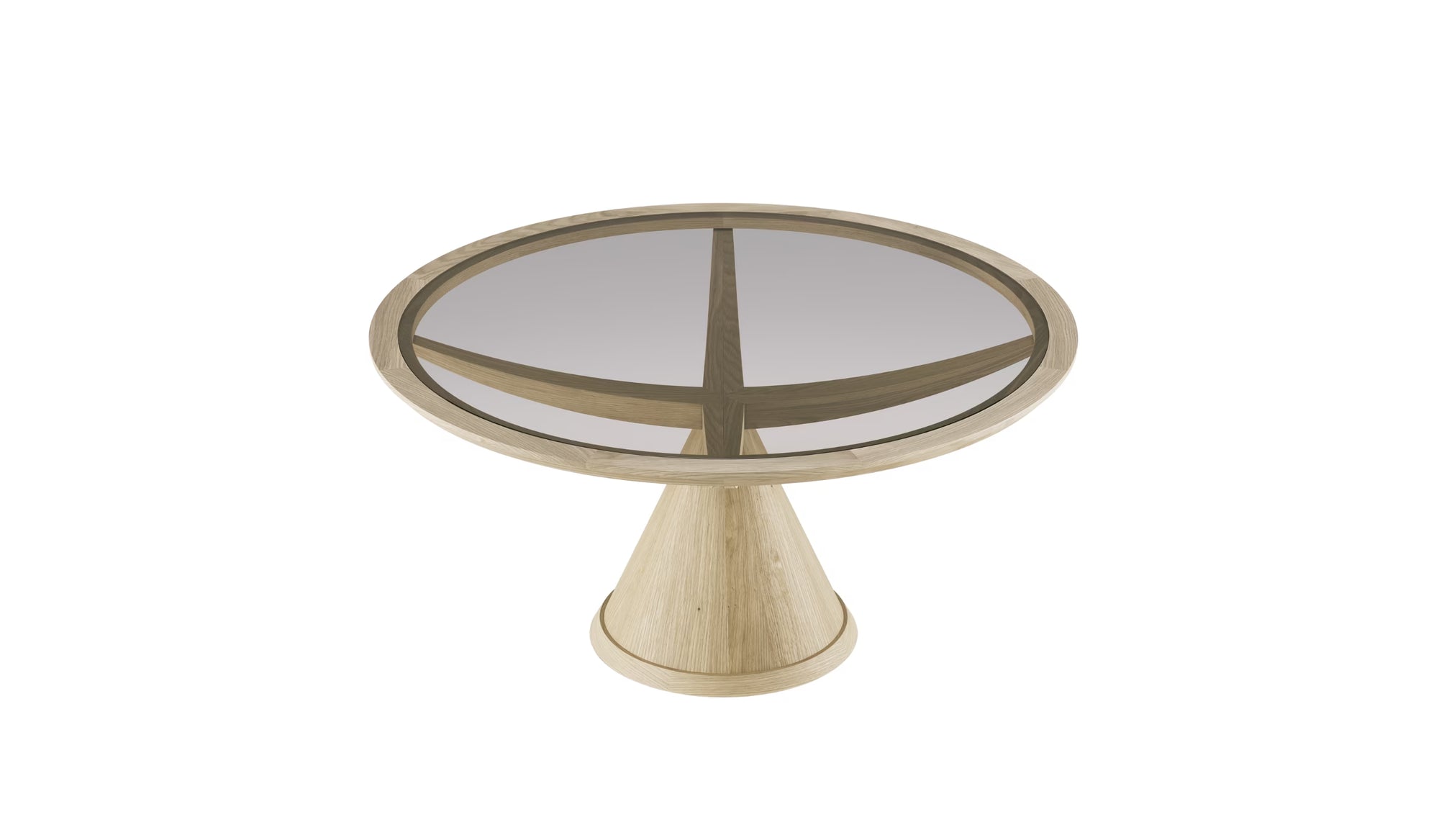 Table ronde Vasco en chêne et verre fumé, vue en plongée sur fond blanc, base conique et structure croisée en bois
