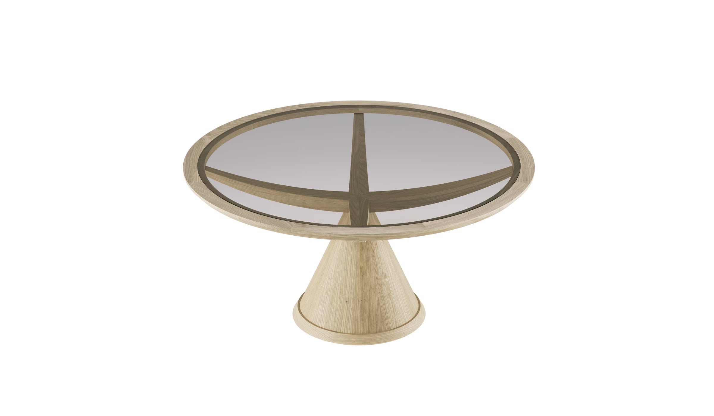 Table ronde Vasco en chêne et verre fumé, vue en plongée sur fond blanc, base conique et structure croisée en bois