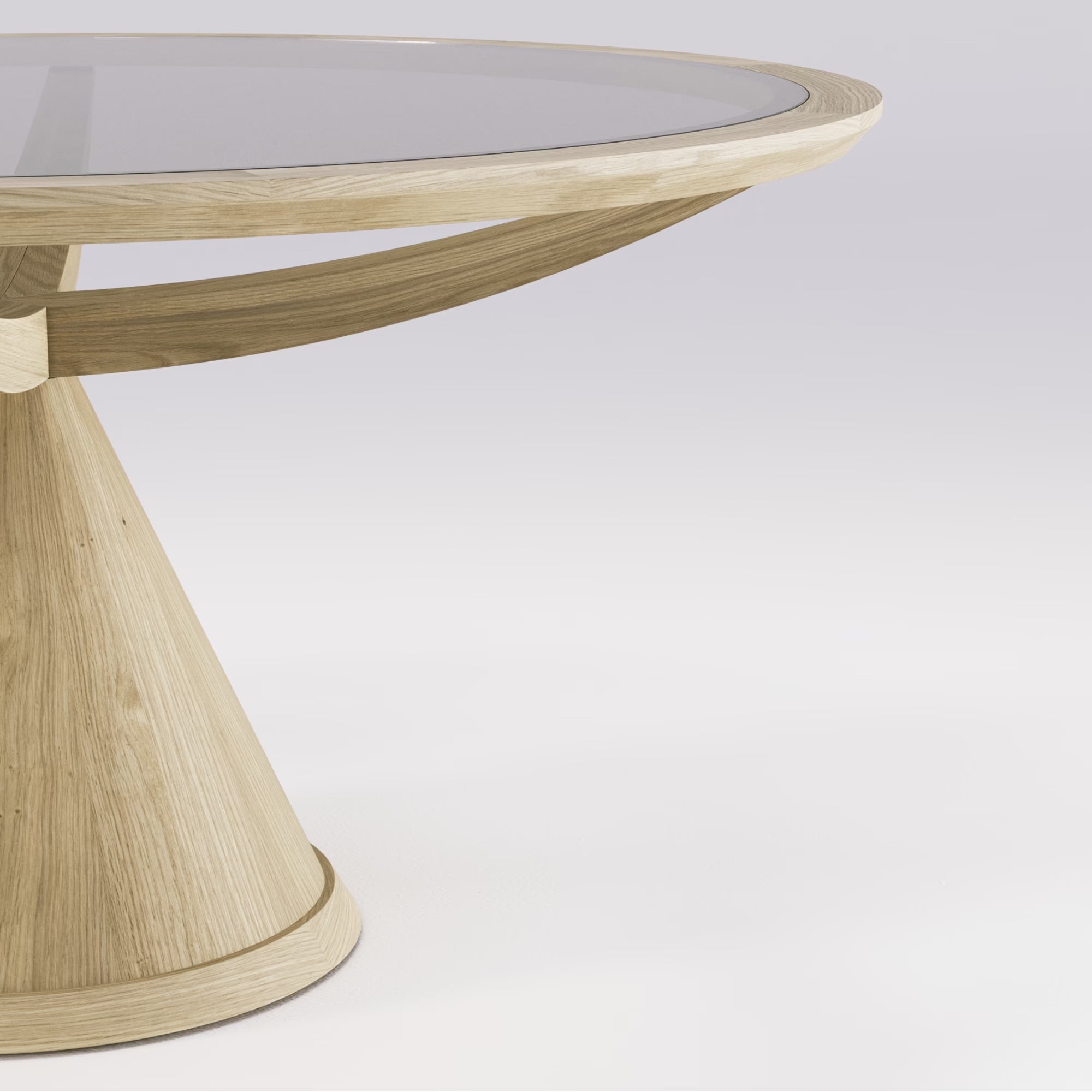 Table ronde Vasco en chêne et verre avec pied central conique, traverses apparentes, vue en angle sur fond neutre.