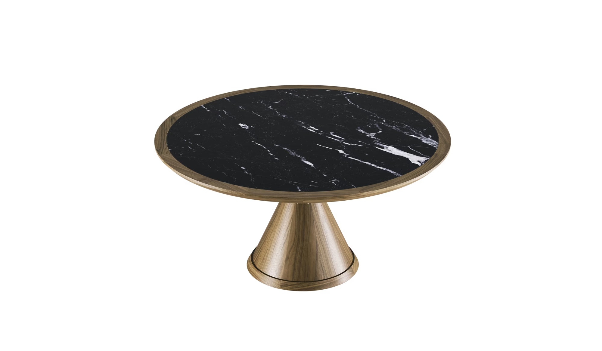 Table ronde Vasco en noyer et céramique noire effet marbre, piètement conique, vue de trois quarts sur fond blanc