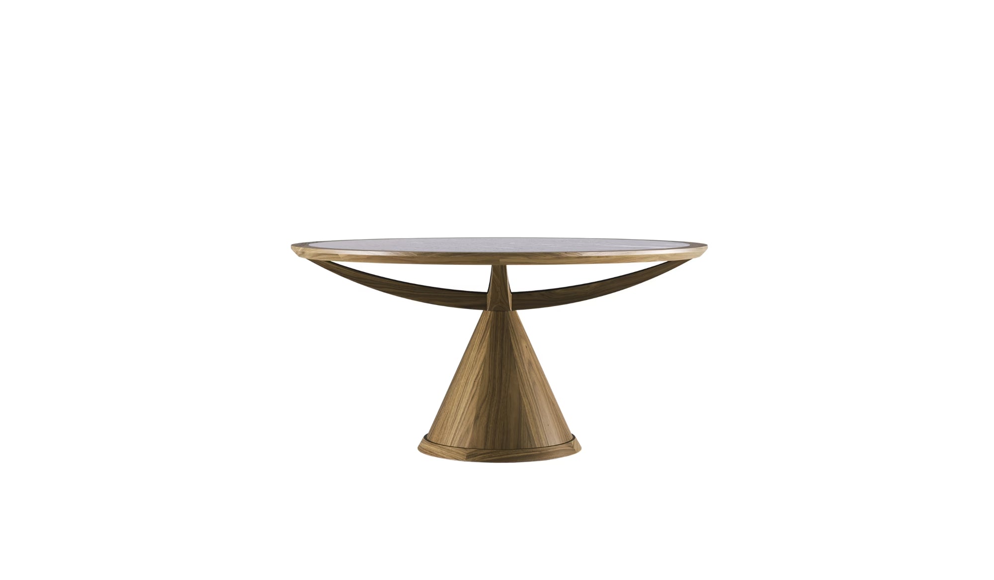 Table ronde Vasco en noyer et verre teinté, pied central conique, vue de face sur fond blanc