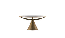 Table ronde Vasco en noyer et verre teinté, pied central conique, vue de face sur fond blanc