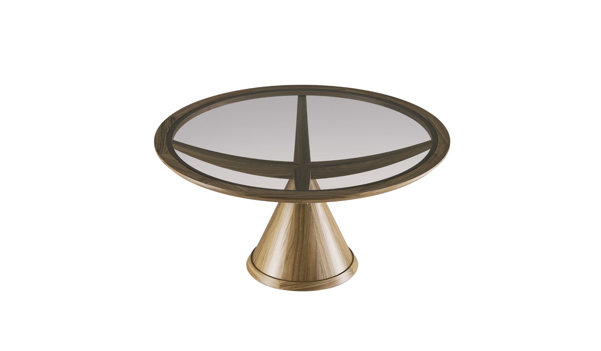 Table ronde Vasco en noyer et verre teinté, piétement conique et plateau transparent, vue trois-quarts sur fond blanc