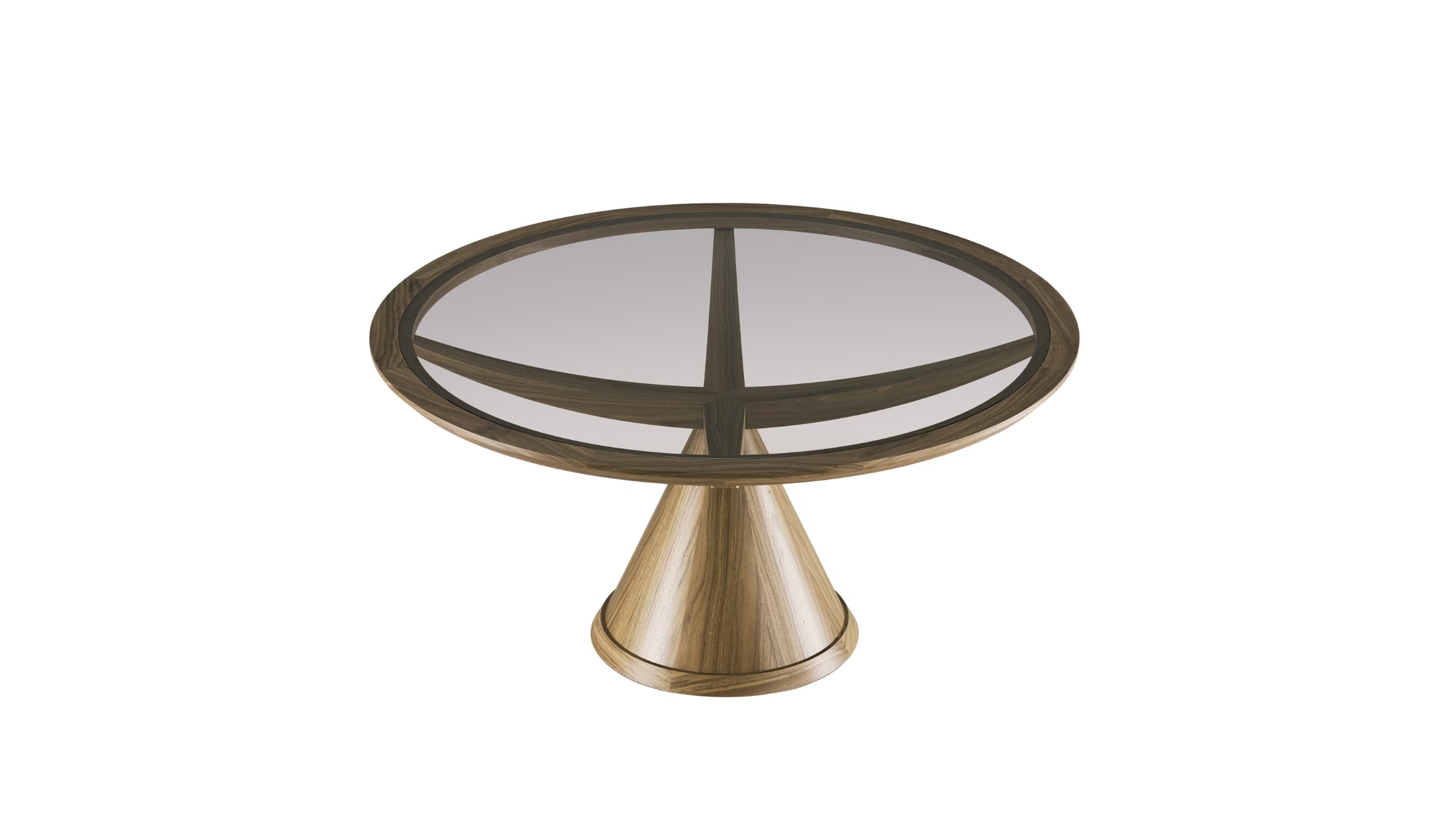 Table ronde Vasco en noyer et verre teinté, piétement conique et plateau transparent, vue trois-quarts sur fond blanc