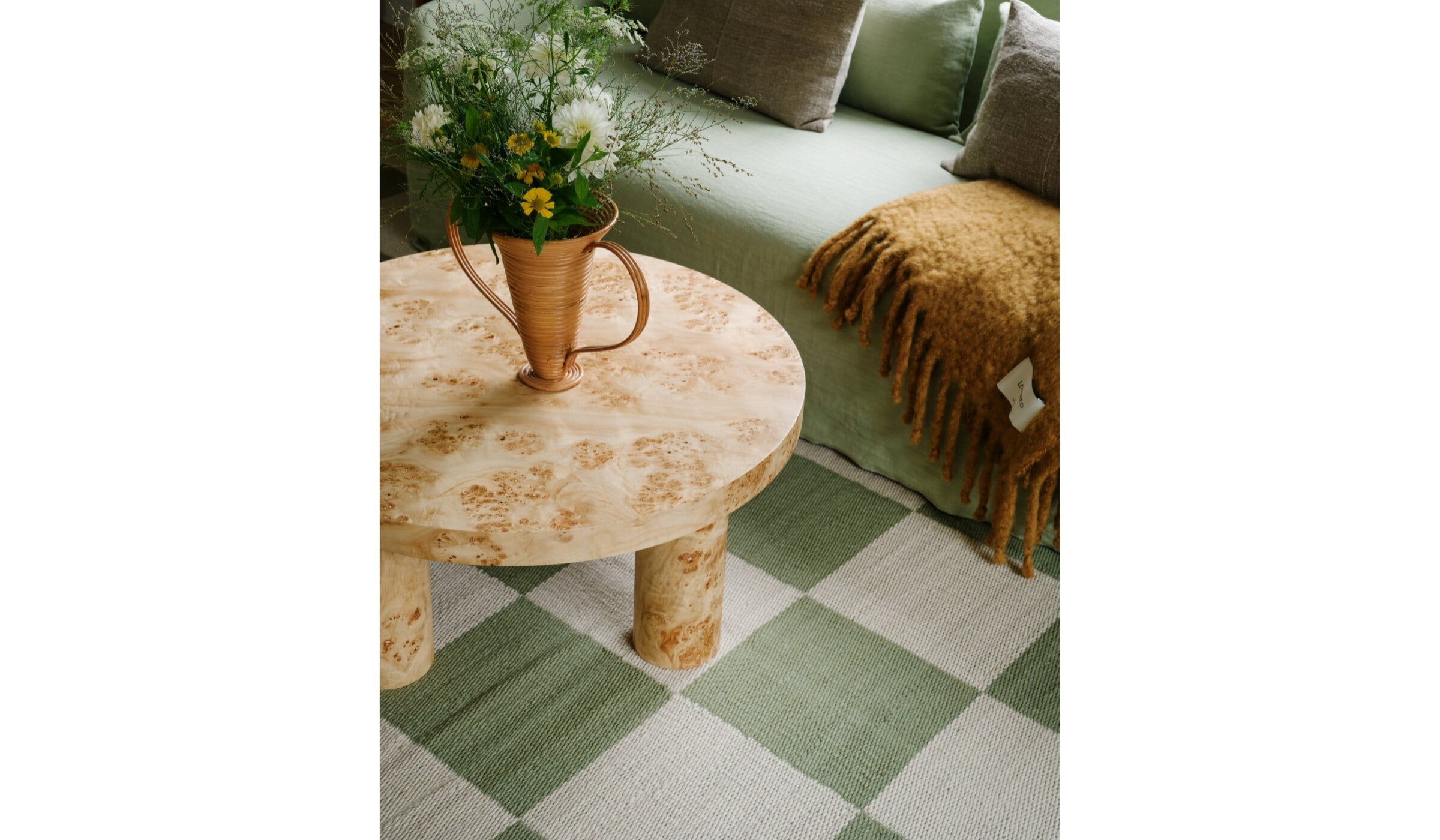 Green and white checkered Chess rug in natural wool