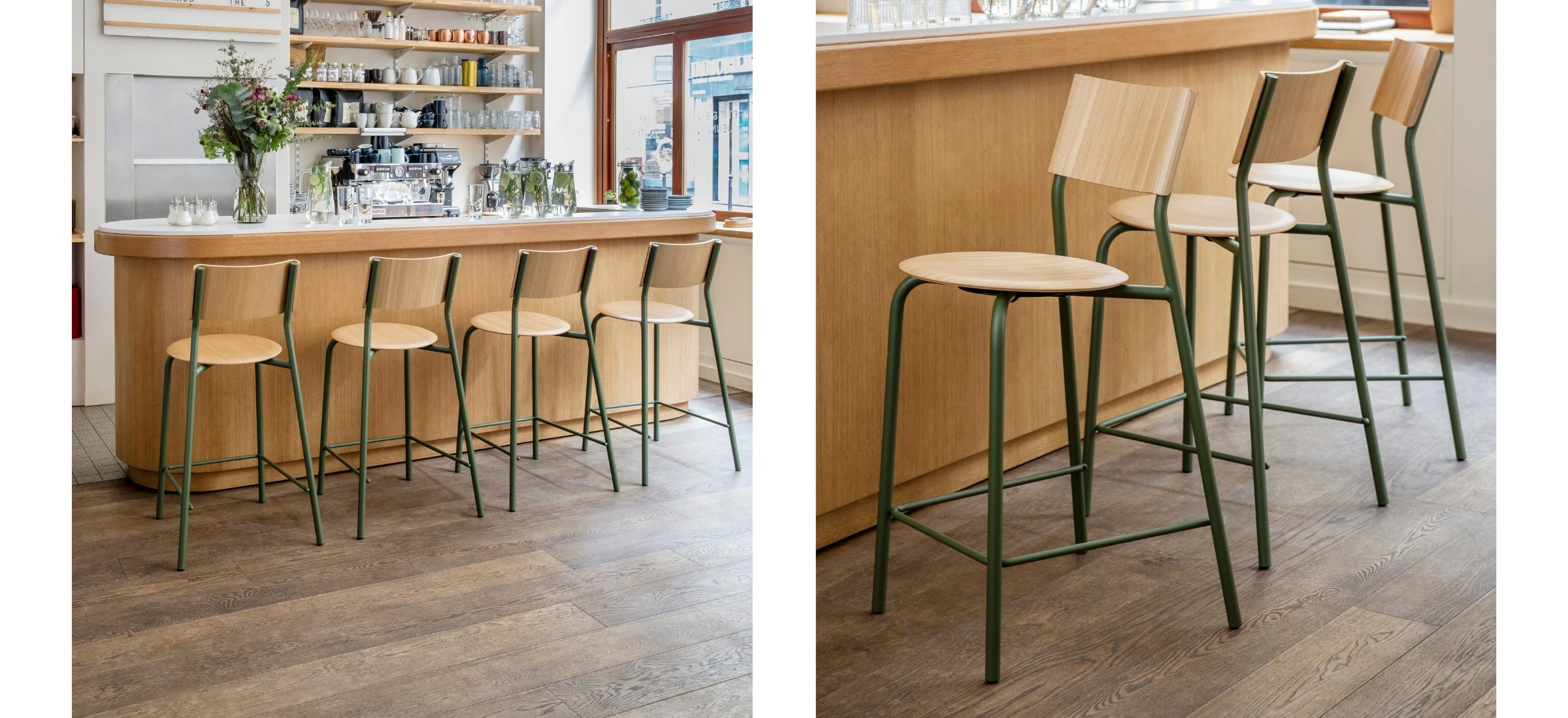 Deux vues d’ensemble de chaises hautes en bois clair avec piètement métallique vert alignées devant un comptoir en bois dans un café.