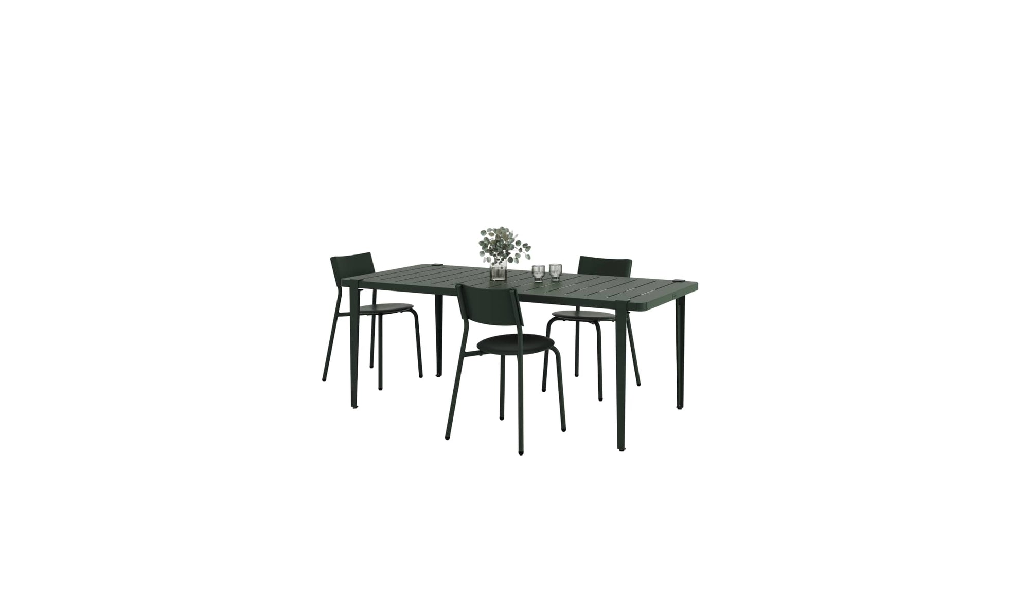 Ensemble de mobilier de jardin design, table rectangulaire et chaises en métal et plastique recyclé vert forêt Tiptoe.